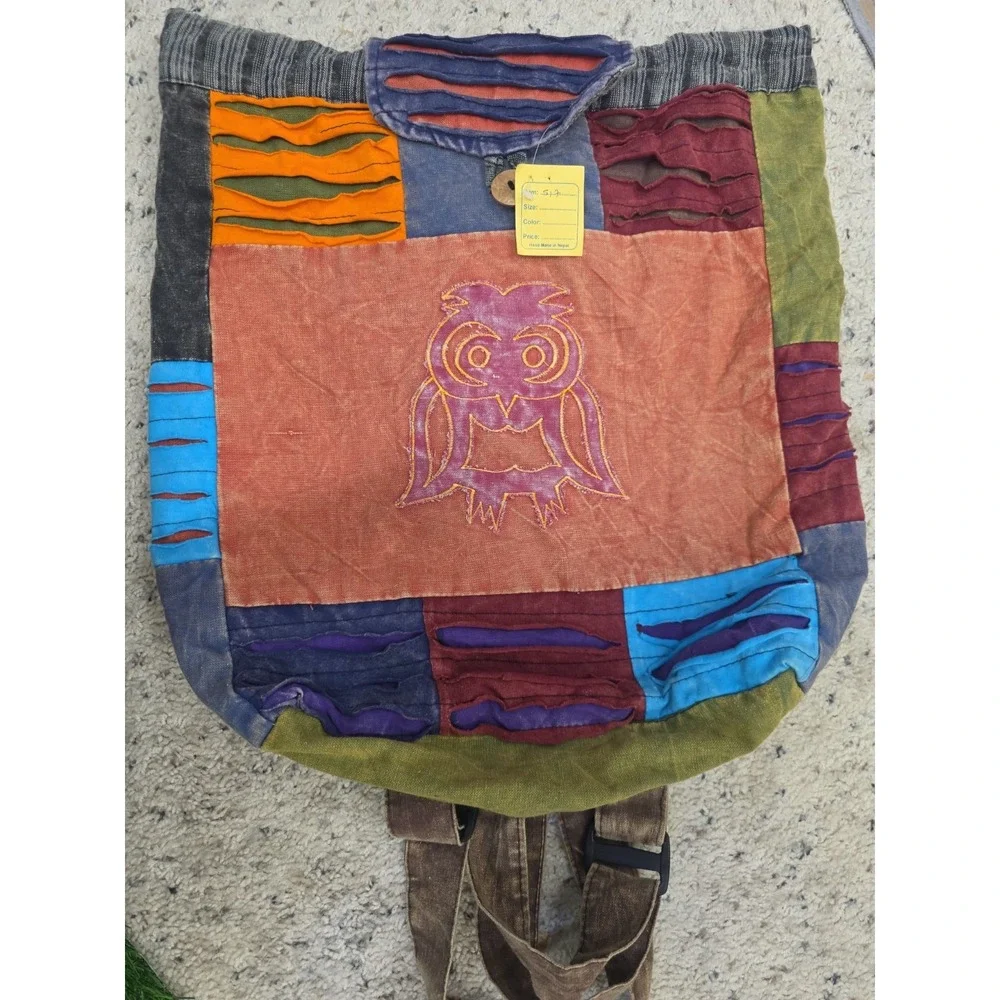 Hobo Bag Backpack Nepal Patchwork Owl Hippie Boho Shoulder Purse Y2K   Cotton